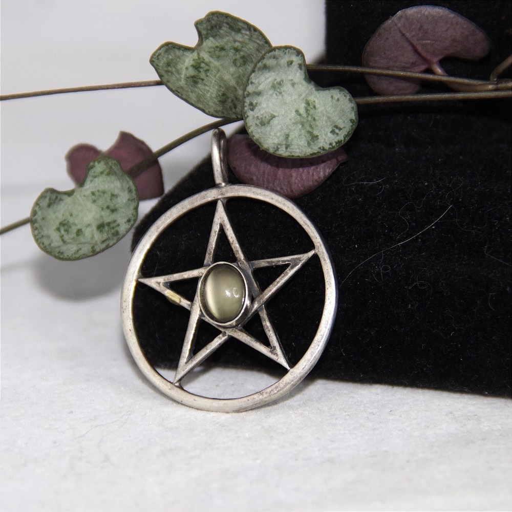 925 Sterling Silver Pentagram Pendant Cats Eye Stone Star Wiccan Pagan Jewelry - Picture 3 of 8